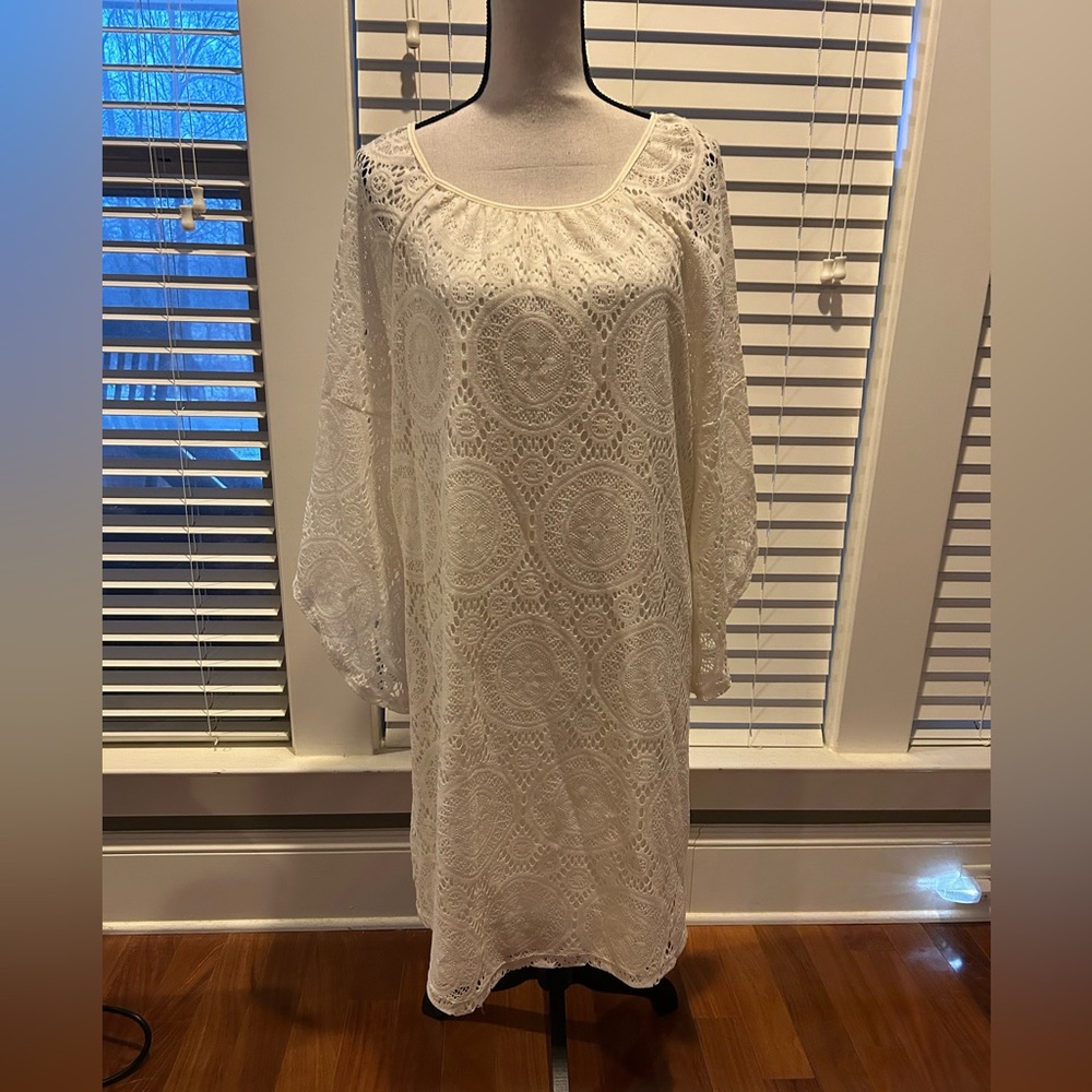 Tacera Women's Dress Ivory Lace Overlay Lined Bell Sleeves Sheath Boho Size 1X